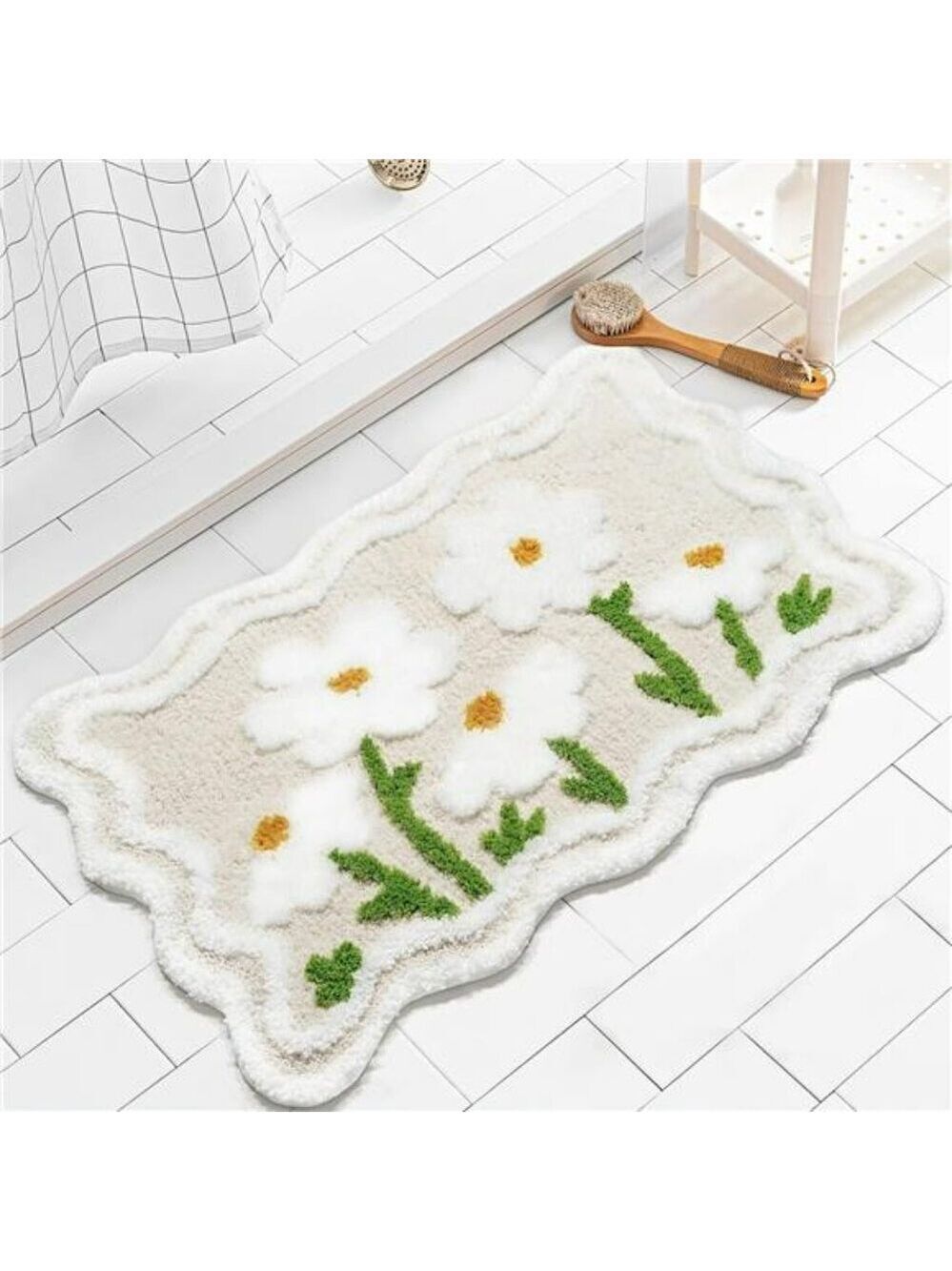 Floral Bathroom Rug Non Slip Beige Bath Mat Soft Absorbent Washable Shower Carpe